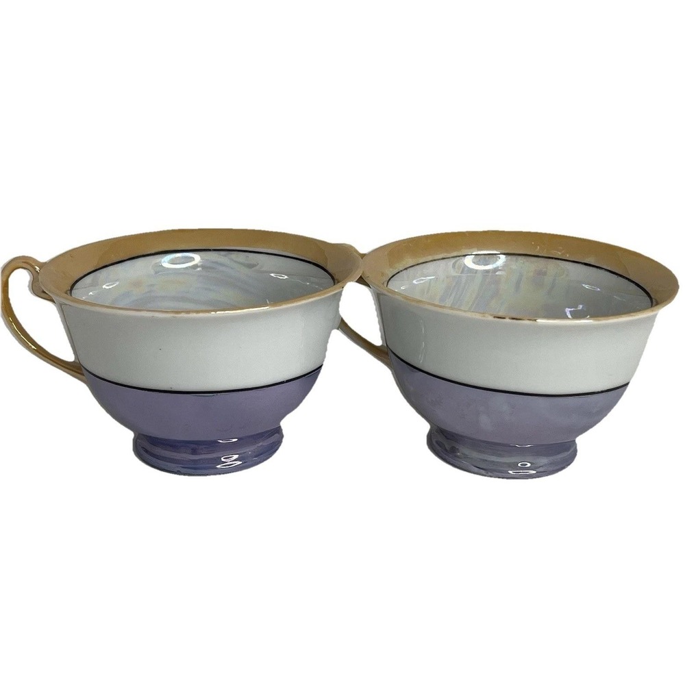Vintage Japan Lusterware Tea Cups Gold Rim Iridescent Pearl Interior 1940s-50s‎